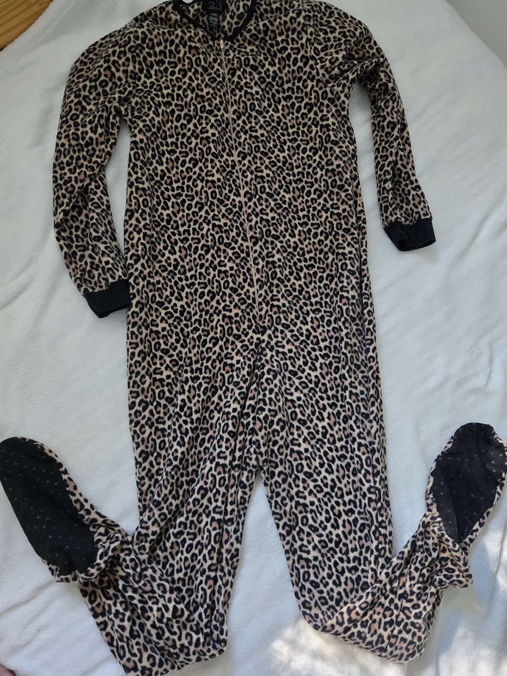 Rene Rofe Leopard Print One-Piece Pajama in Beige and Black